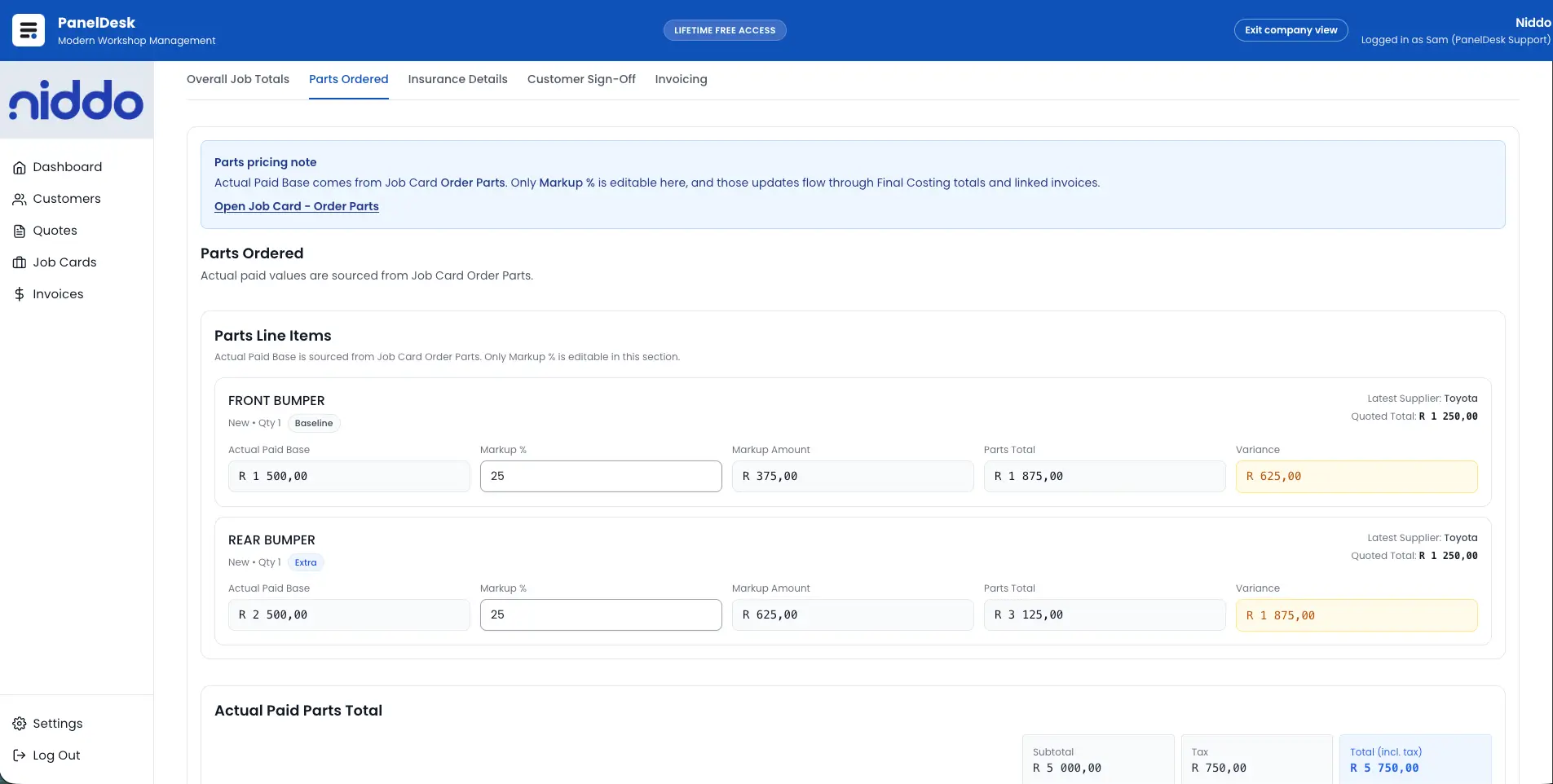 Parts reconciliation view screenshot
