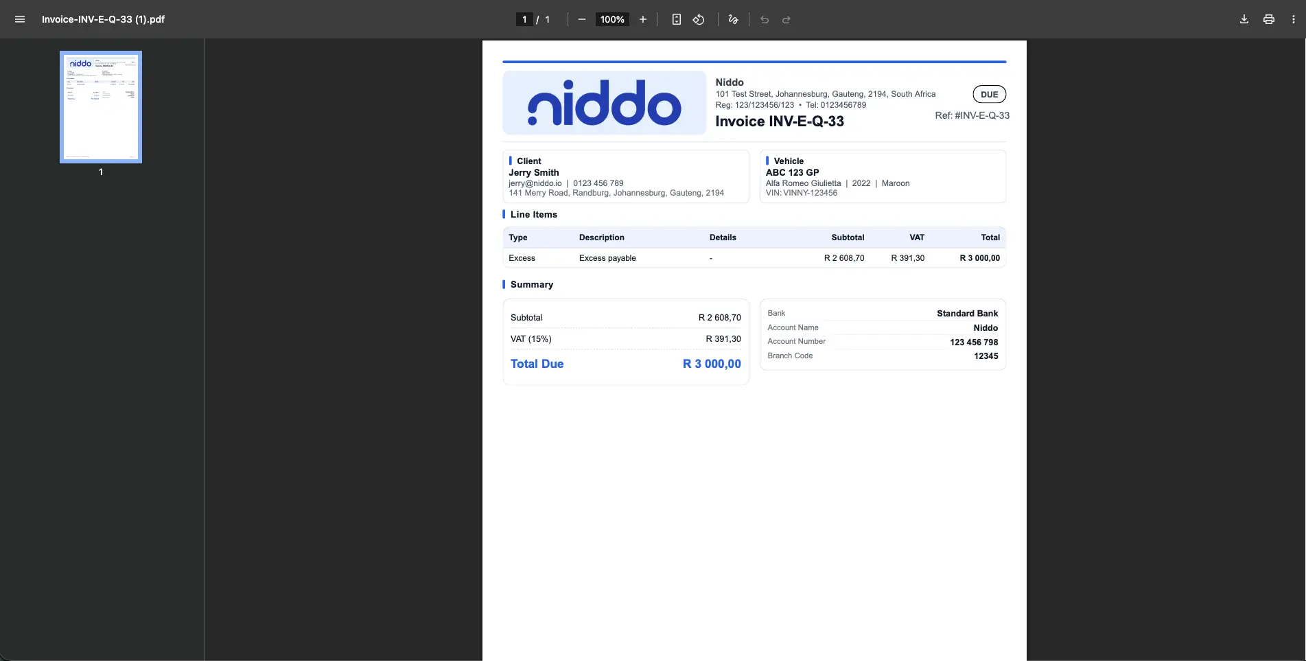 Invoice PDF output view screenshot