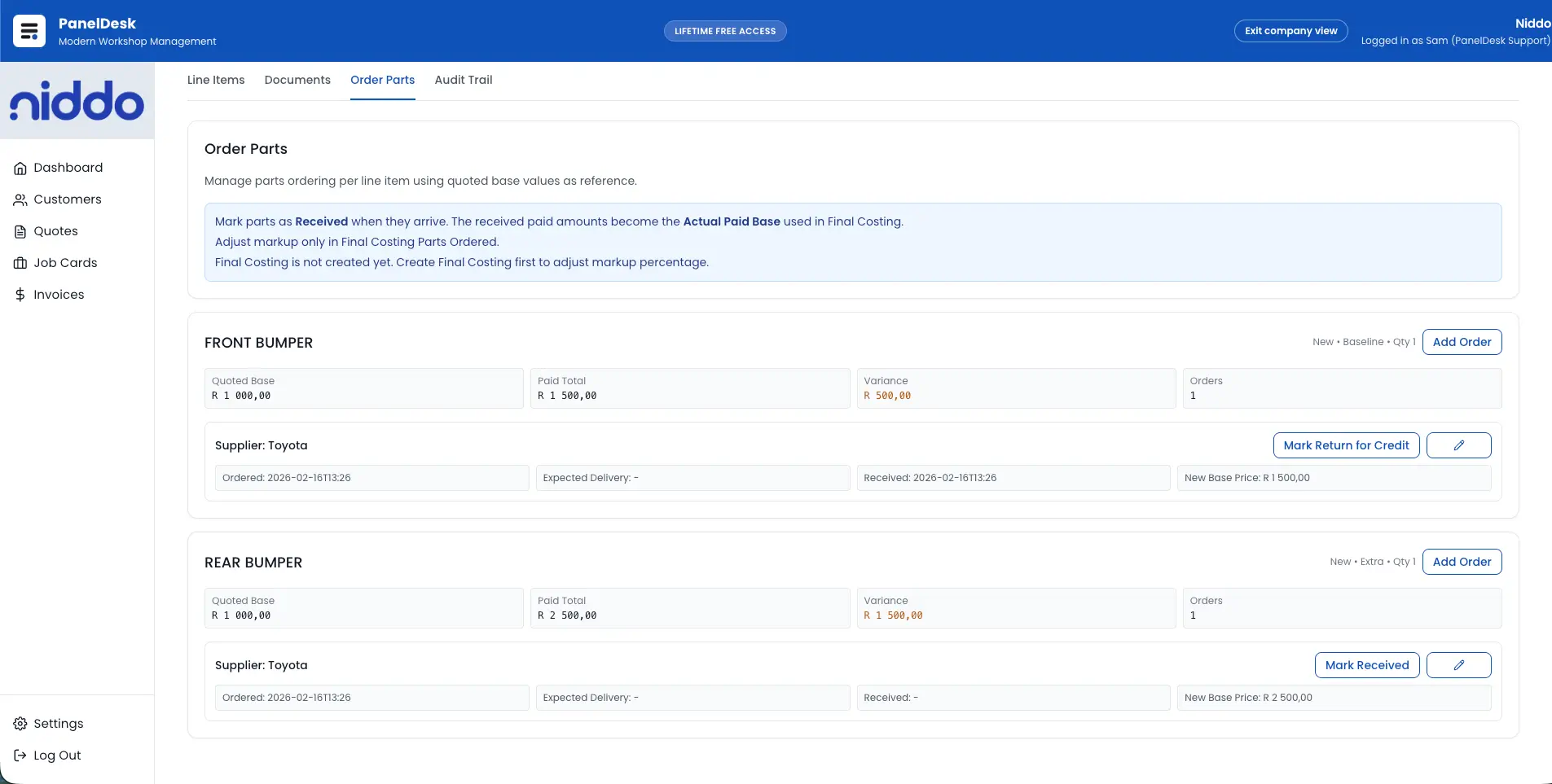 Parts management view screenshot