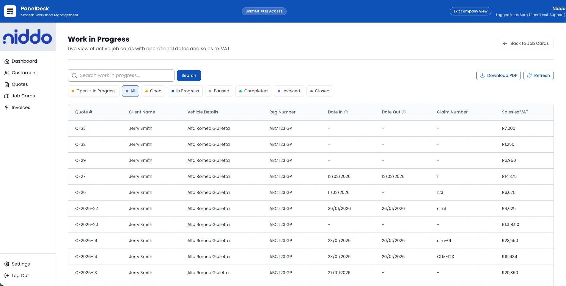 WIP dashboard view screenshot