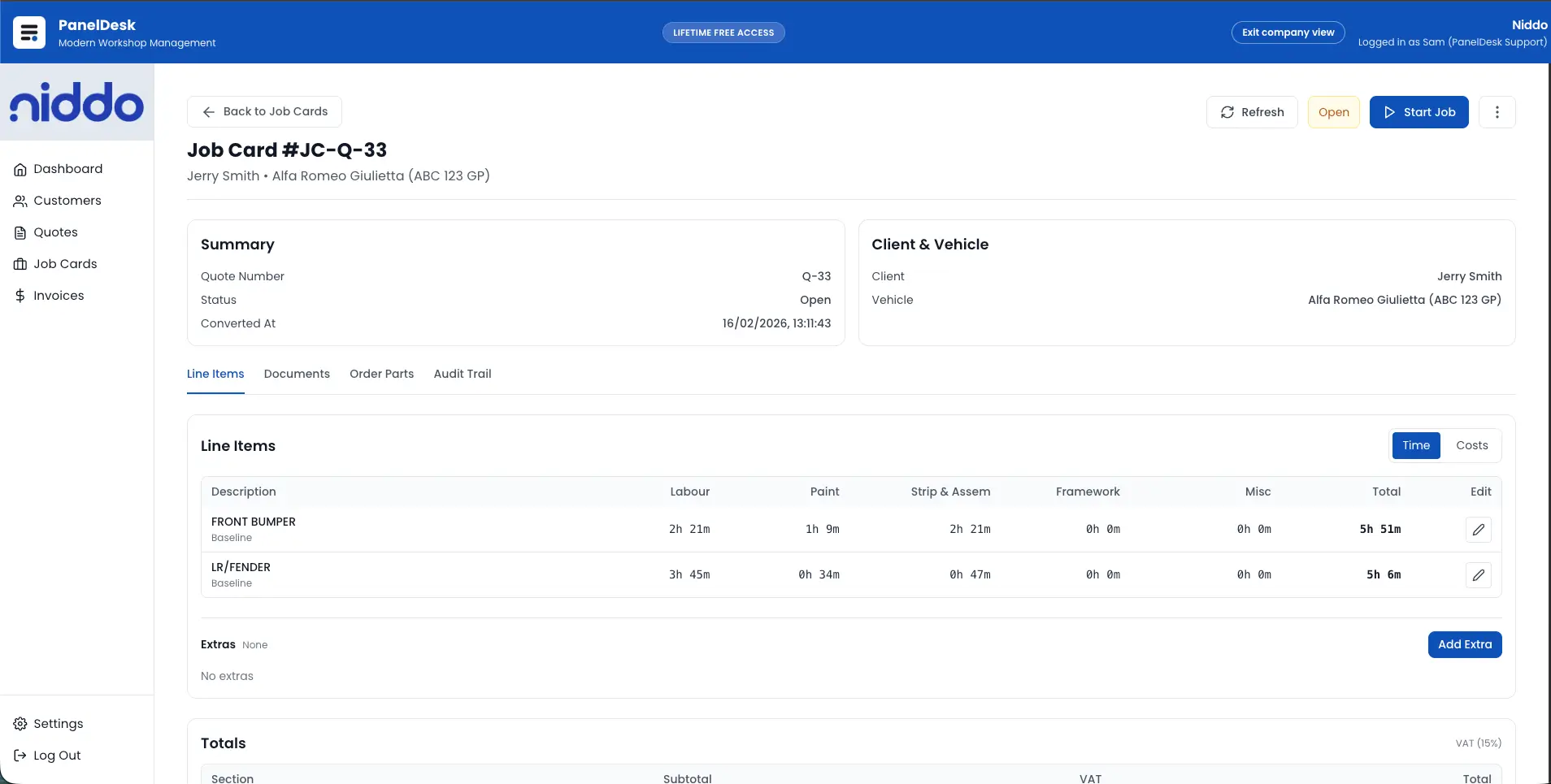 PanelDesk quote conversion screen showing accepted scope moving into a job card