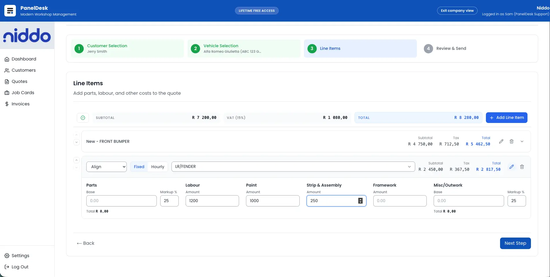 PanelDesk quote builder showing line items, totals, and reference fields