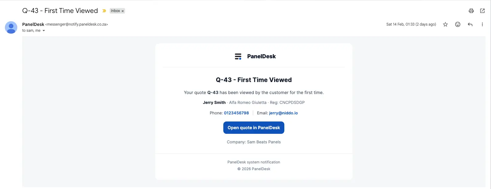 PanelDesk quote tracking panel showing viewed timestamps and activity timeline